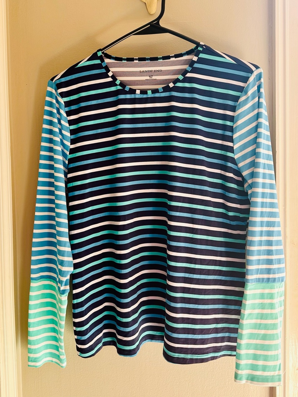 Lands' End Long-Sleeve Striped Tee in Navy, Aqua & White